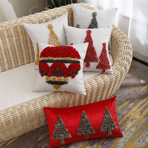 

Christmas Tree Festive Tufted Pillow Cover Pillowcase Decoration Red Home Backrest Bedroom Cushion Cover