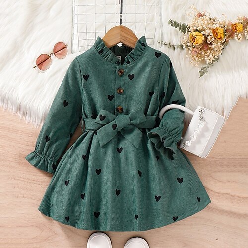 

Kids Girls' Dress Heart A Line Dress Above Knee Dress Outdoor Crew Neck Long Sleeve Active Dress 3-7 Years Winter Green