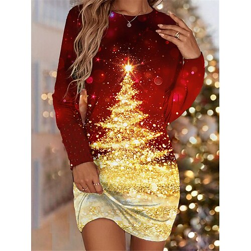 

Mujer Corte Bodycon Vestido tubo Mini vestido Azul Piscina Vino Manga Larga Árbol de Navidad Estampado Invierno Otoño Cuello Barco Moda Navidad Diario Cita 2022 XXS XS S M L XL XXL 3XL 4XL 5XL