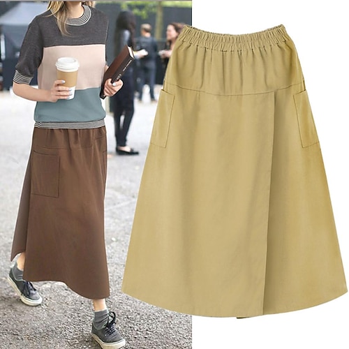 

Women's A Line Midi Cotton Blend ArmyGreen Black khaki Brown Skirts Spring & Fall Patchwork Pocket Elegant Going out Casual Daily L XL 2XL