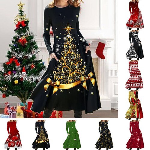 

Women's Christmas Casual Dress Swing Dress Midi Dress Long Dress Maxi Dress Black And White Black gray Green Long Sleeve Elk Pocket Winter Fall Spring Crew Neck 2022 S M L XL XXL 3XL