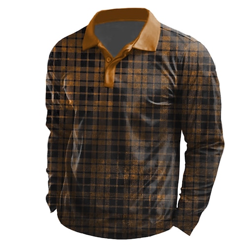 

Men's Polo Shirt Golf Shirt Plaid Graphic Prints Turndown Blue Khaki 3D Print Outdoor Street Long Sleeve Button-Down Print Clothing Apparel Fashion Designer Casual Soft