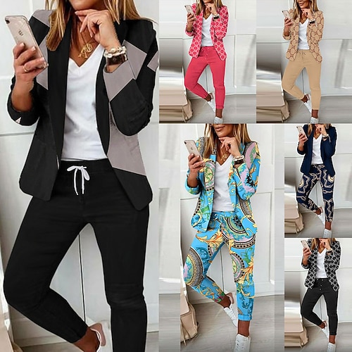 

Women's Blazer Office Suit Pants Sets Pants Trousers Streetwear Black square Black pattern one Casual Daily Printing Print Shirt Collar S M L XL 2XL