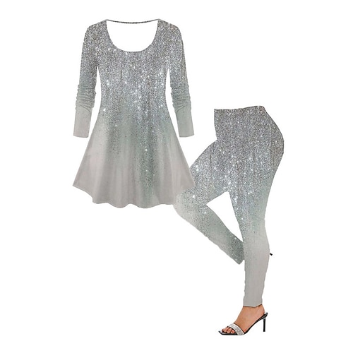 

Women's Plus Size Tops Set Color Gradient Print Long Sleeve Crew Neck Casual Daily Going out Polyester Winter Fall Silver Gold