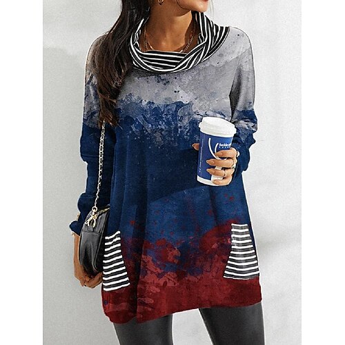 

winter new loose fashion digital printing long-sleeved striped pile collar top