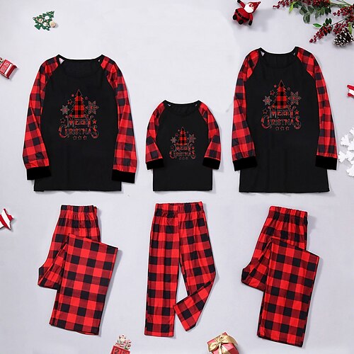 

Christmas Pajamas Family Letter Elk Christmas Tree Home Black Long Sleeve Basic Matching Outfits