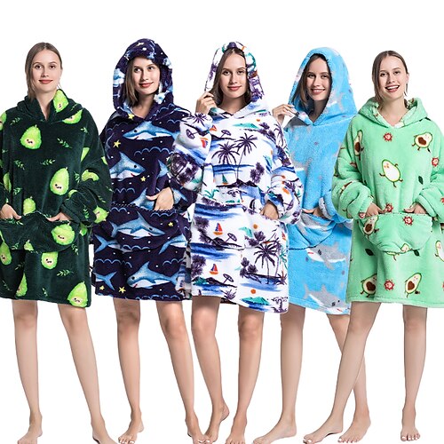 

Adults' Wearable Blanket With Pocket Shark Hamburg Green apples Print Onesie Pajamas Flannel Cosplay For Men's Women's Christmas Animal Sleepwear Cartoon Festival / Holiday Costumes