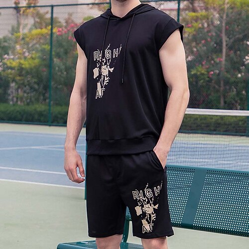 

Men's T-shirt Suits Tracksuit Tennis Shirt Shorts and T Shirt Set Graphic Tee Letter Hooded Black Gray Outdoor Street Sleeveless Drawstring 2 Piece Clothing Apparel Basic Sports Designer Casual