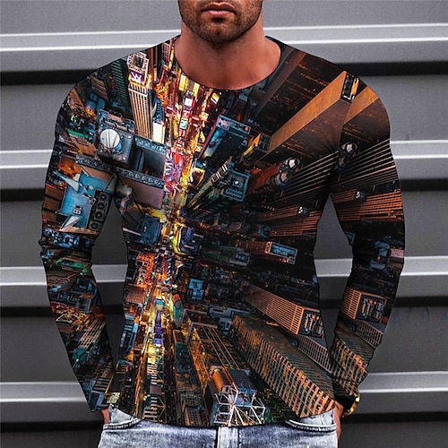 

Men's T shirt Tee Graphic Prints City Landscape Crew Neck Green Blue Orange Light Blue 3D Print Outdoor Street Long Sleeve Print Clothing Apparel Basic Sports Designer Casual