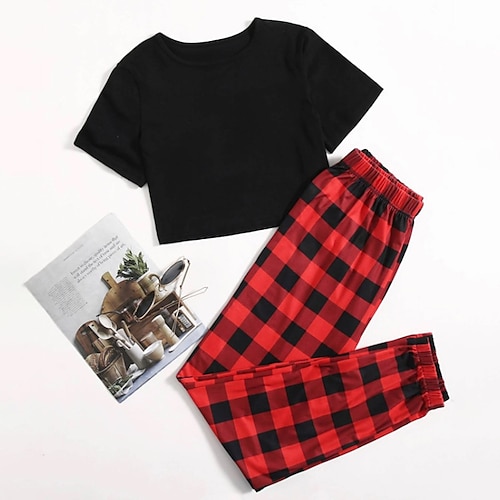 

Women's Christmas Loungewear Sets Grid / Plaid Simple Casual Comfort Home Daily Vacation 0Breathable Crew Neck Short Sleeve T shirt Tee Pant Winter Fall Black