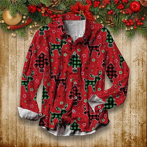 

Men's Shirt Plaid Graphic Prints Turndown Green Wine 3D Print Christmas Street Long Sleeve Button-Down Print Clothing Apparel Fashion Designer Casual Soft