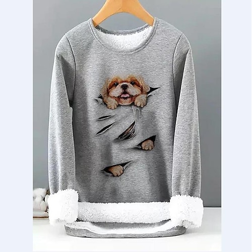 

Women's Sweatshirt Pullover Sherpa Fleece Teddy Rrey Dog Street Round Neck Long Sleeve Fleece S M L XL 2XL 3XL