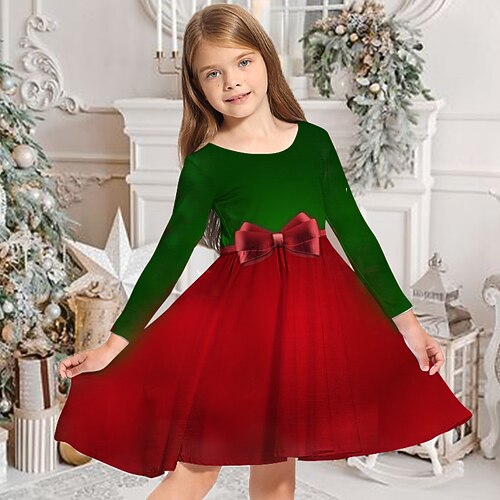 

Kids Girls' Christmas Dress Solid Color Casual Dress Above Knee Dress Christmas Gifts Crewneck Crew Neck Long Sleeve Adorable Dress 3-10 Years Winter Green