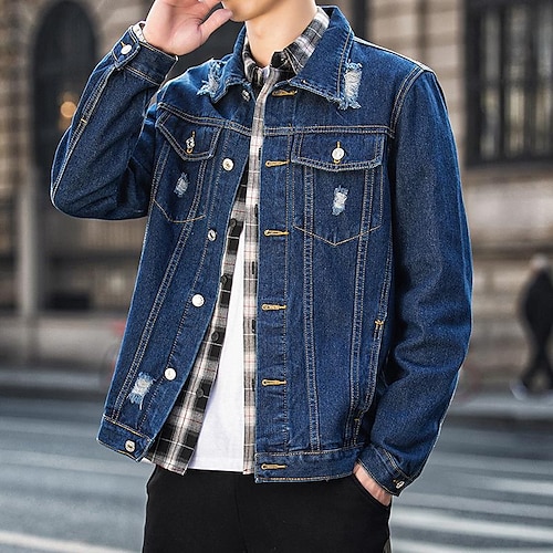 

Men's Denim Jacket Jean Jacket Durable Casual / Daily Daily Wear Vacation To-Go Single Breasted Turndown Warm Ups Comfort Leisure Jacket Outerwear Solid / Plain Color Pocket Dark-Gray Black Dark Blue