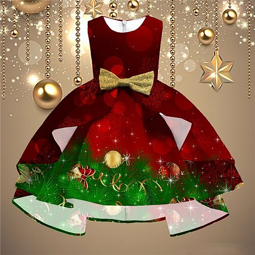 

Kids Girls' Christmas Dress Christmas Bell Swing Dress Knee-length Dress Christmas Gifts Ruffle Crew Neck Sleeveless Elegant Dress 2-13 Years Winter Green Wine Red