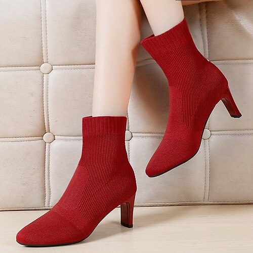 

Women's Boots Daily Plus Size Booties Ankle Boots Winter High Heel Pointed Toe Casual Elastic Fabric Loafer Solid Colored Black Red