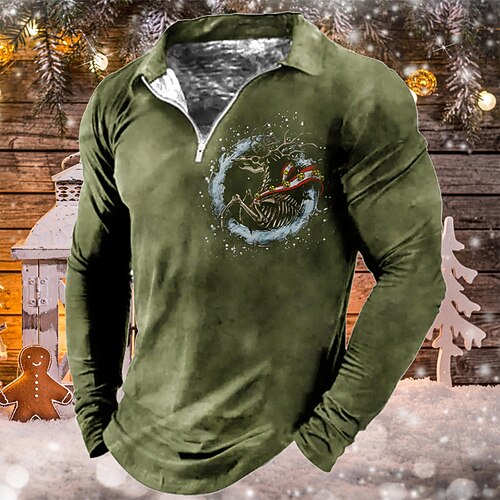 

Men's Collar Polo Shirt Golf Shirt Elk Turndown Green Gray 3D Print Christmas Halloween Long Sleeve Zipper Print Clothing Apparel Fashion Designer Casual Breathable