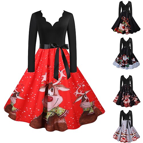 

Women's Christmas Knee Length Dress Gray White Black Red Brown Long Sleeve Print Bow Print Fall Winter V Neck Casual Vintage 2021 S M L XL XXL 3XL