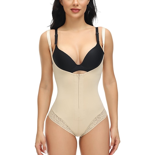 

Damen Bodysuit Beige Glatt Ärmellos Sport Fitnessstudio Brautkleider schlicht U-Ausschnitt Schlank S