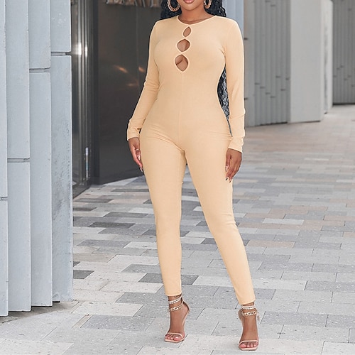 

Women's Jumpsuit High Waist Cut Out Solid Color Crew Neck Sexy Club Bar Regular Fit Long Sleeve Black Light Green Beige S M L Winter