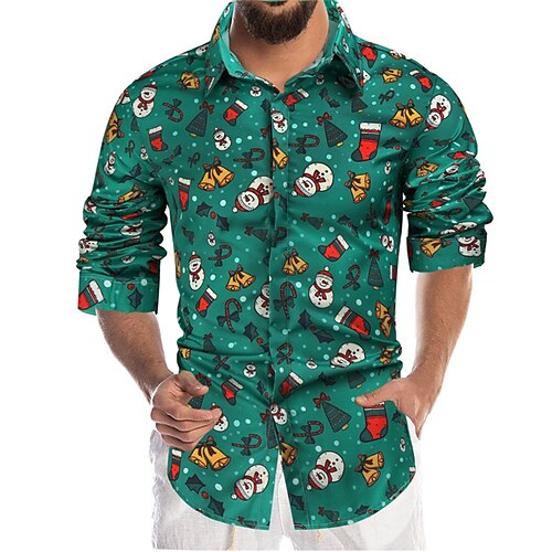 

Men's Shirt Snowman Graphic Prints Turndown Green 3D Print Christmas Street Long Sleeve Button-Down Print Clothing Apparel Fashion Designer Casual Soft