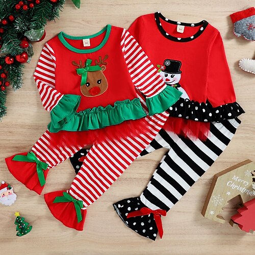 

2 Pieces Toddler Girls' Christmas Elk Sweatshirt & Pants Set Long Sleeve Active Performance 3-7 Years Winter Black Red