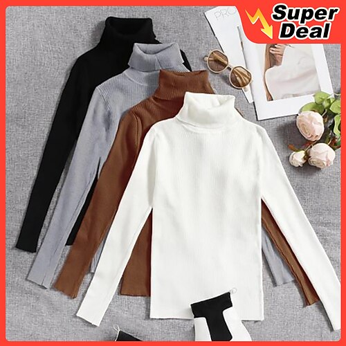 

Women's Pullover Sweater Jumper Jumper Ribbed Knit Knitted Thin Solid Color Turtleneck Basic Casual Daily Winter Fall caramel Black One-Size