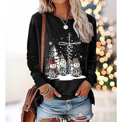 

Women's T shirt Tee Black Snowman Print Long Sleeve Christmas Weekend Basic Round Neck Regular Painting S