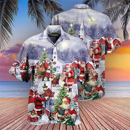 

Men's Shirt Santa Claus Graphic Prints Turndown Blue Gray 3D Print Christmas Street Short Sleeve Button-Down Print Clothing Apparel Fashion Designer Casual Breathable