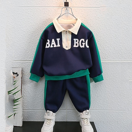 

2 Pieces Toddler Boys Tracksuits Outfit Color Block Letter Long Sleeve Set Casual Cool Daily Winter Fall 3-7 Years Navy Blue