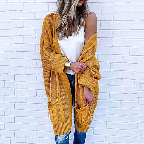 

Women's Cardigan Sweater Jumper Cable Knit Tunic Pocket Knitted Pure Color Open Front Stylish Casual Outdoor Daily Winter Fall Green Black S M L