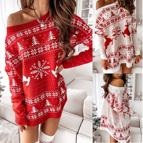 

vestido de suéter de navidad para mujer vestido de invierno vestido casual rojo blanco manga larga alce árbol copo de nieve estampado de punto invierno otoño cuello redondo moda casual ajuste 2022 s