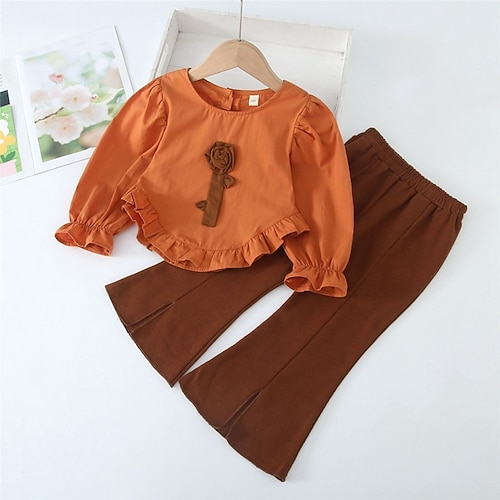 

2 Pieces Toddler Girls' Solid Color Clothing Set Set Long Sleeve Fashion Outdoor 3-7 Years Fall Brown Beige