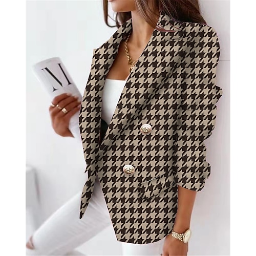 

Women's Blazer Breathable Formal Office Work Wear to work with Pockets Print Double Breasted Turndown Elegant Formal Modern Office / career Houndstooth Regular Fit Outerwear Long Sleeve Winter Fall