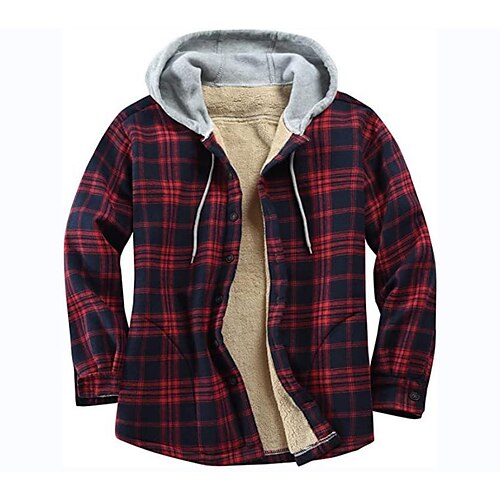 

Men's Puffer Jacket Winter Jacket Quilted Jacket Shirt Jacket Winter Coat Warm Casual Plaid / Check Outerwear Clothing Apparel Red