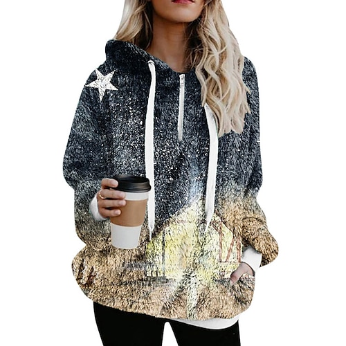 

Women's Sherpa jacket Fleece Jacket Teddy Coat Warm Breathable Christmas Street Daily Wear Vacation Zipper Pocket Print Pullover Hoodie Comfortable Plush Christmas Letter Regular Fit Outerwear Long