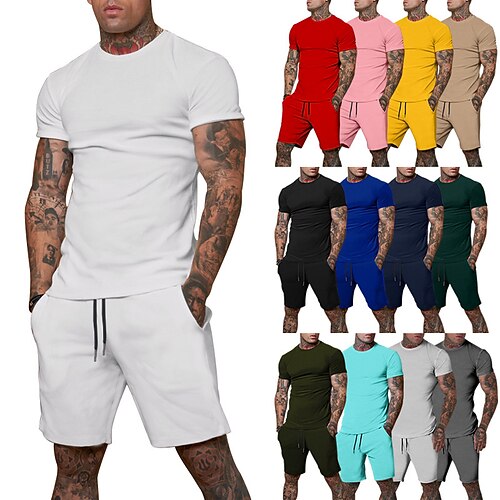 

Men's T-shirt Suits Tracksuit Tennis Shirt Shorts and T Shirt Set Solid Colored Crew Neck Black Pink Yellow Light Green Army Green Outdoor Street Short Sleeve Drawstring 2 Piece Clothing Apparel