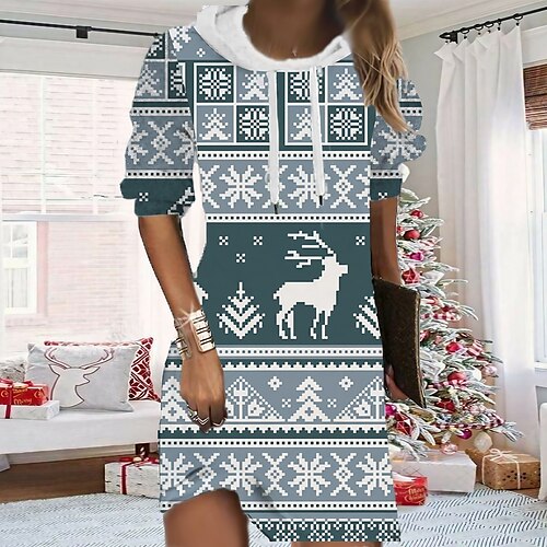 

Women's Christmas Hoodie Dress Shift Dress Mini Dress Black Blue Wine Long Sleeve Plaid Print Fall Spring Hooded Fashion Christmas Daily Loose Fit 2022 S M L XL XXL 3XL