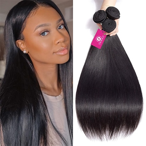 

Human Hair Bundles 14 16 18 Inch Straight Premium 10A Unprocessed Brazilian Weave Hair Virgin Remy 1b Color Natural Straight Sew In 3 Bundle 300g Tracks for Black Women