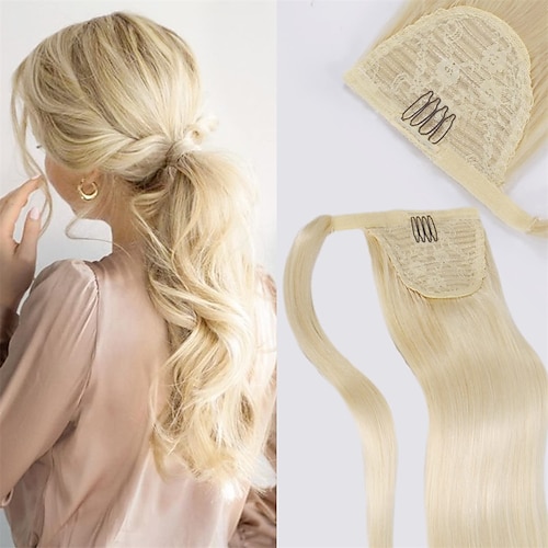 

Ponytail Extension Human Hair 100% Remy Human Hair Wrap Around Ponytail Hair Extension Bleach Blonde 14inch 65g Long Straight Clip in Pony Tail Hair Piece with Magic Paste For Women