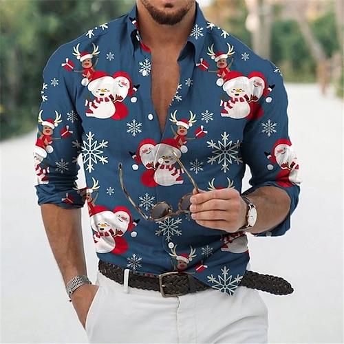 

Men's Shirt Santa Claus Snowman Graphic Prints Turndown Blue White 3D Print Christmas Street Long Sleeve Button-Down Print Clothing Apparel Fashion Designer Casual Soft
