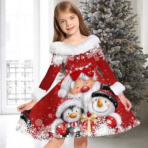 

Рождественское детское платье для девочек, Санта-Клаус, снеговик, снежинка, длинный рукав, рождественские подарки, повседневное, с меховой отделкой, с круглым вырезом, очаровательное повседневное распашное платье, платье трапециевидной формы, осень-зима,