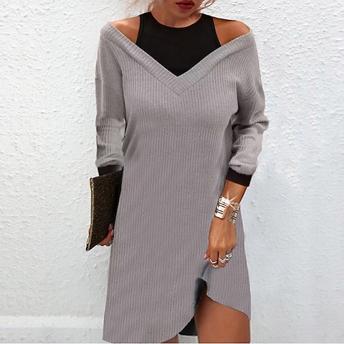 

Women's Sweater Dress Shift Dress Knit Dress Mini Dress Dark Gray 3/4 Length Sleeve Pure Color Cold Shoulder Winter Fall Spring Crew Neck Stylish Weekend 2022 S M L XL XXL 3XL