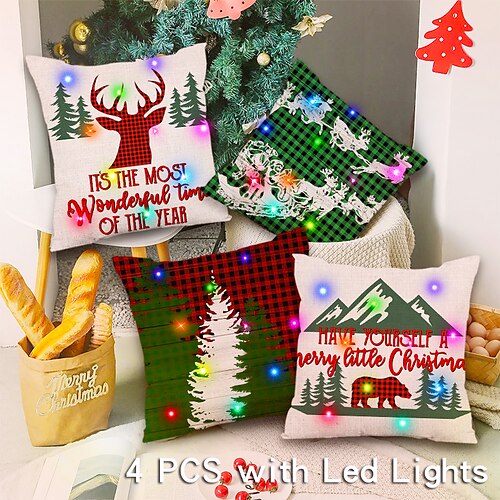 

Christmas LED Lights Throw Pillow Cover 4PC Reindeer Elk Soft Decorative Square Cushion Pillowcase for Bedroom Livingroom Sofa Couch Chair Superior Quality