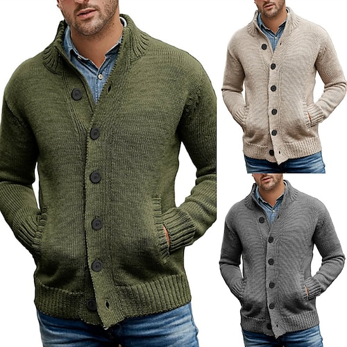 

Men's Cardigan Sweater Ribbed Knit Cropped Knitted Solid Color Queen Anne Warm Ups Modern Contemporary Daily Wear Going out Clothing Apparel Spring & Fall Black khaki M L XL