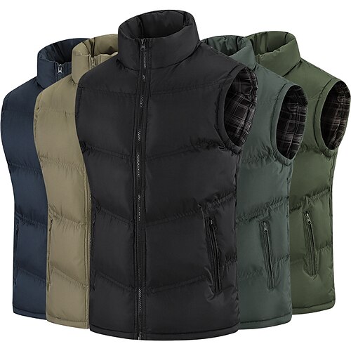 

Men's Puffer Vest Winter Jacket Winter Coat Windproof Warm Date Casual Daily Office & Career Solid Color Outerwear Clothing Apparel Green Black Khaki