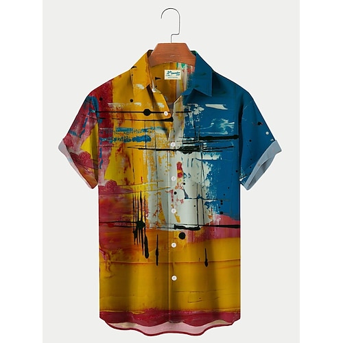 

Men's Vintage Abstract Oil Painting Geometric Textured Print Hawaiian Shirt Big and Tall Shirts