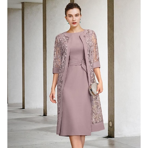 

Two Piece Sheath / Column Mother of the Bride Dress Plus Size Elegant Jewel Neck Knee Length Chiffon Lace Cap Sleeve Wrap Included Jacket Dresses with Sash / Ribbon Crystal Brooch 2022