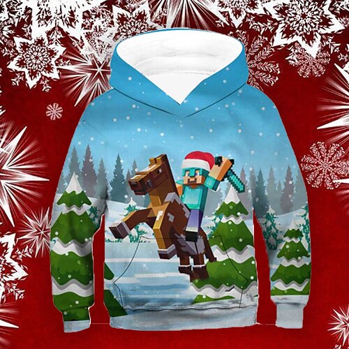 

Kids Boys Christmas Hoodie Pullover Graphic Long Sleeve Pocket Children Top Outdoor Hoodie Active Cute Blue Winter 7-13 Years / Fall / Spring