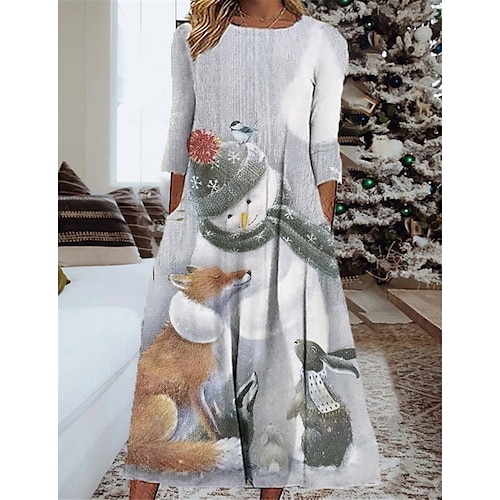 

Women's Christmas Casual Dress Swing Dress Midi Dress Red Gray White Long Sleeve Animal Pocket Winter Fall Spring Round Neck Fashion Daily Weekend 2022 S M L XL XXL 3XL